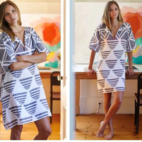 Emerson Fry India Collection Rise Caftan Grey Aztec Linen Dress One Size - Picture 1 of 6